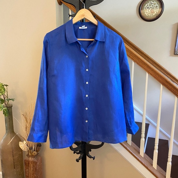 J. Jill Love Linen Royal Blue Button Down Shirt Size Large Petite - Picture 2 of 15
